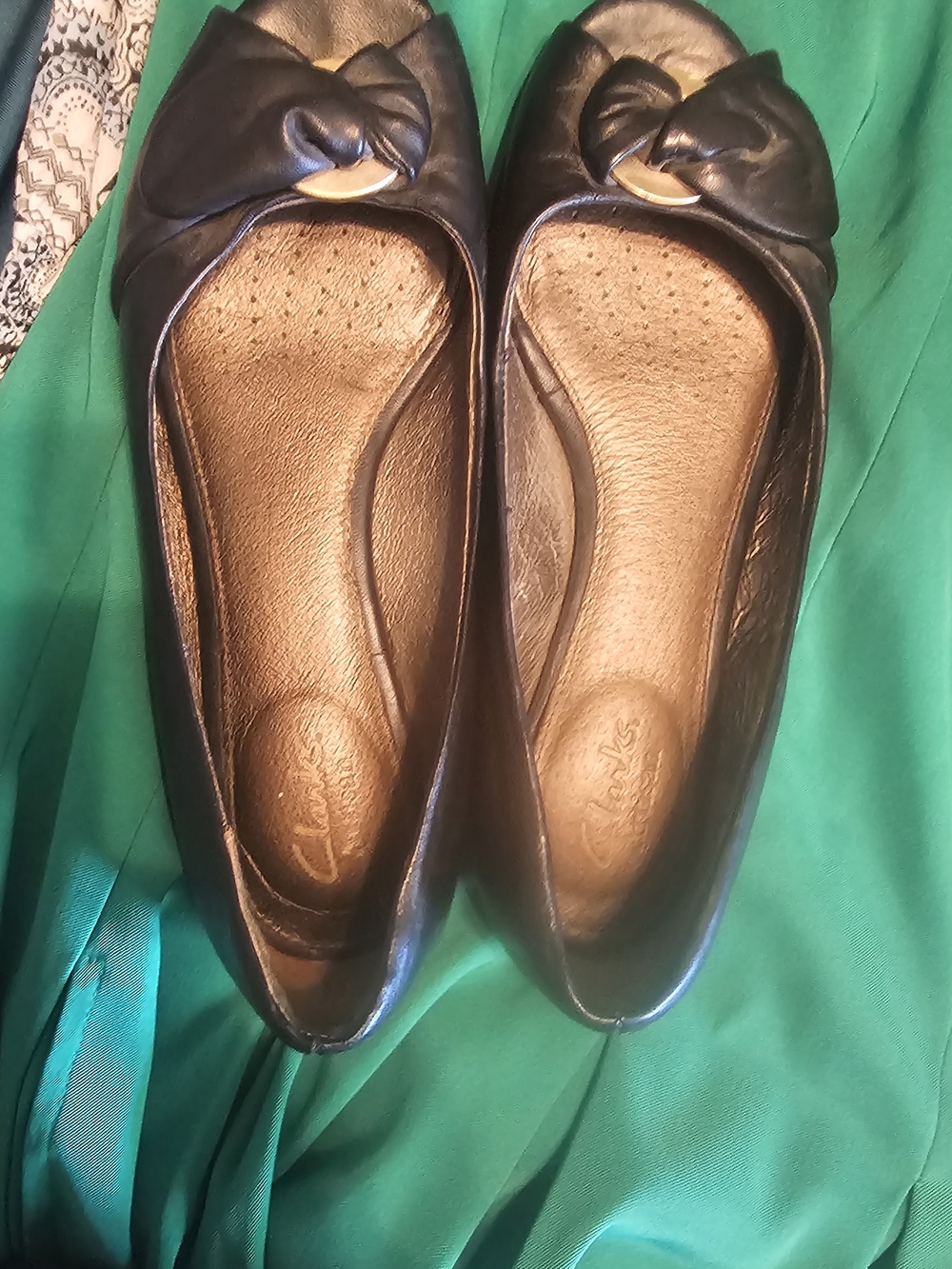 Clarks Black Bow Peep-Toe Flats with Gold Accent
